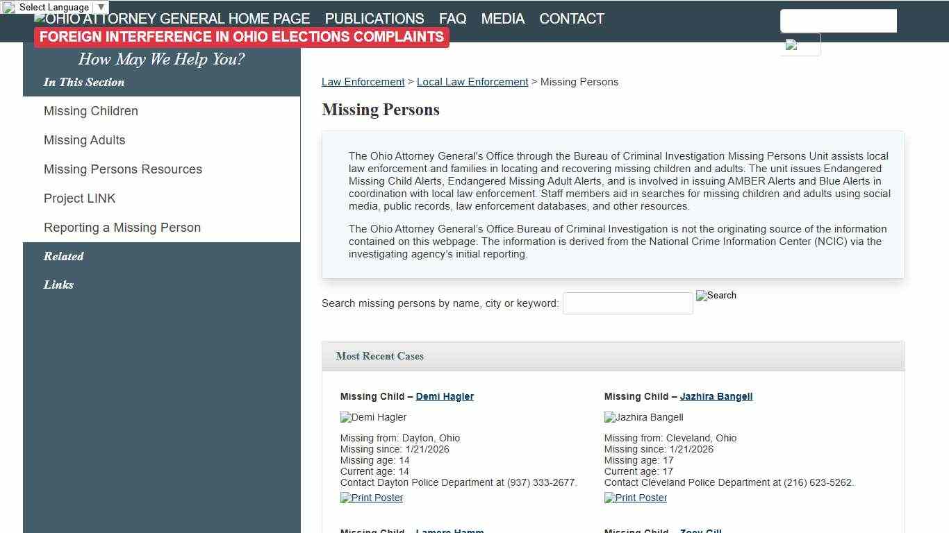 Missing Persons - Ohio Attorney General Dave Yost